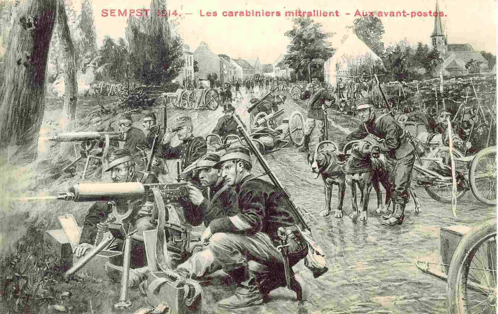 Carte postale : "1914 les carabiniers mitraillent aux avant poste" ; derrire les soldats se trouve le pont d'Eppegem et sur la droite on aperoit l'glise - collection particulire