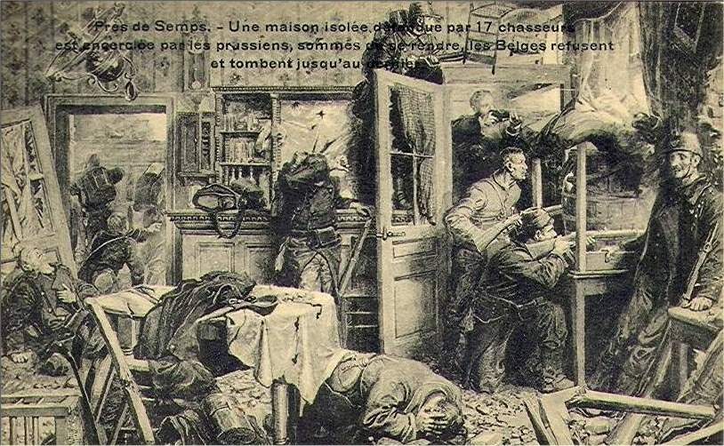 Carte postale : "Prs de Semps (Zemst) : une maison isole dfendue par 17 chasseurs est encercle par les prussiens; somms de se rendre, les belges refusent et tombent jusqu'au dernier" - collection Yves Moerman.